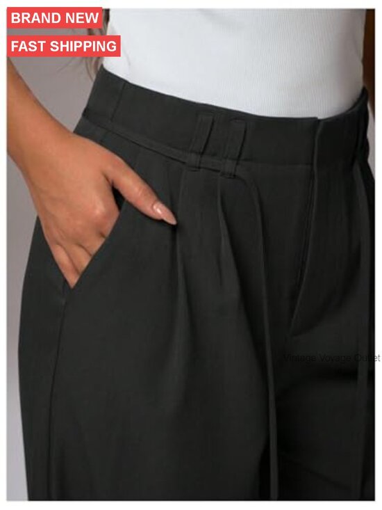 High Rise Wide Leg Trousers, Polyester Blend, Business Casual Office Pants - Picture 4 of 5